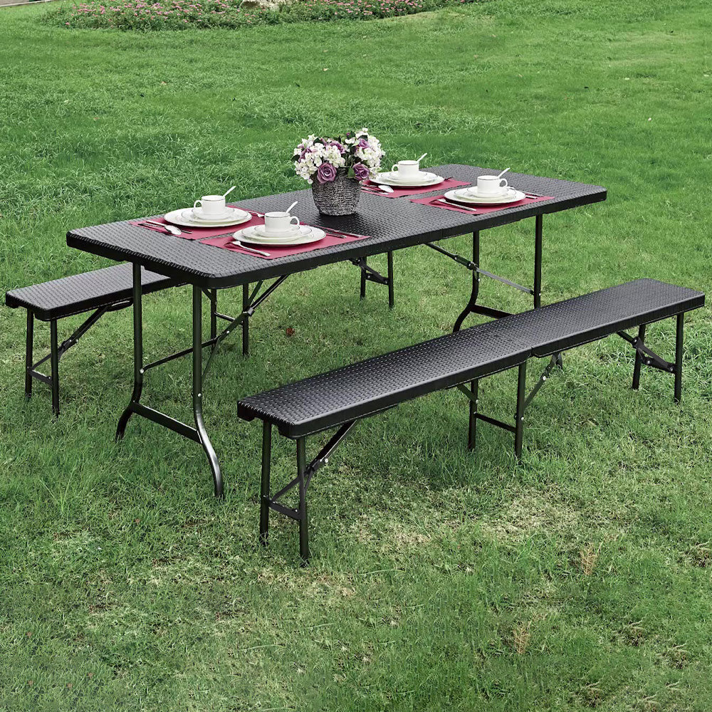 3-piece Rattan Plastic Outdoor Folding Table Bench Set