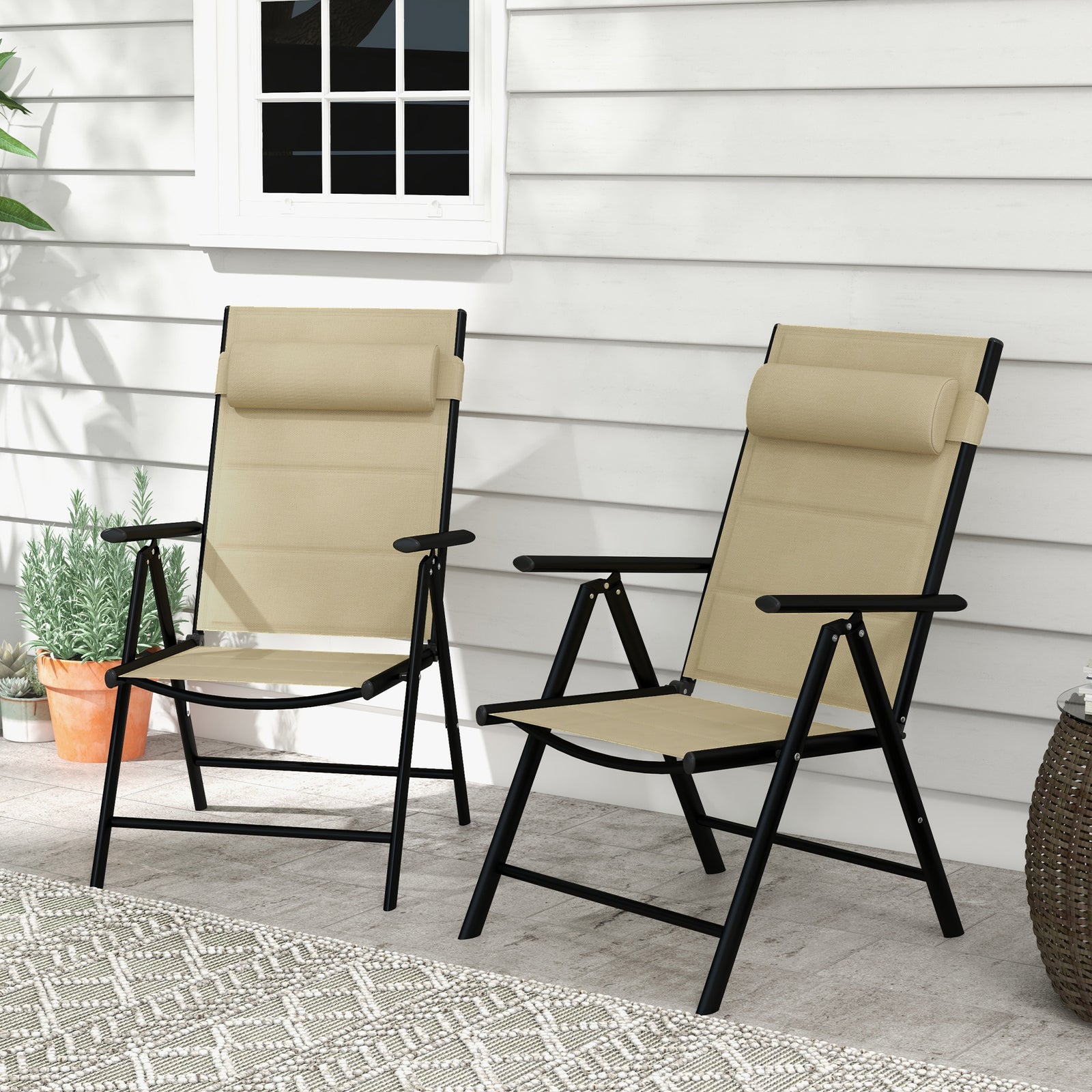 Set Of 2 Patio Folding Chairs With Adjustable Back | Khaki