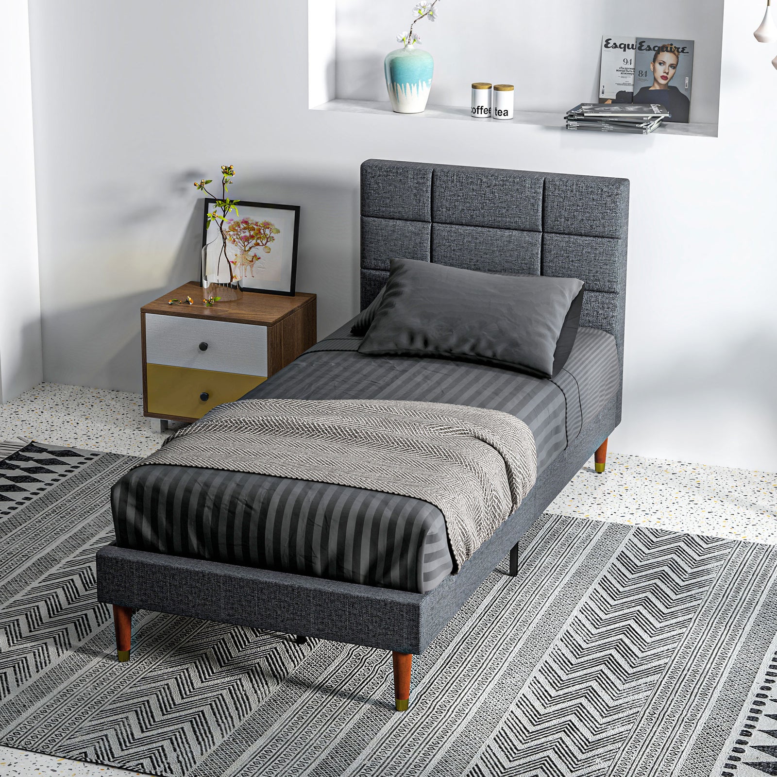 Single/double/king Upholstered Bed Frame With Wooden Slat | Single