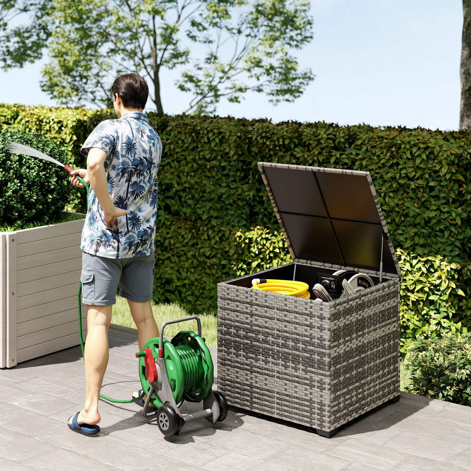 253l Garden Storage Box, Rattan Deck Box With Liner | Grey