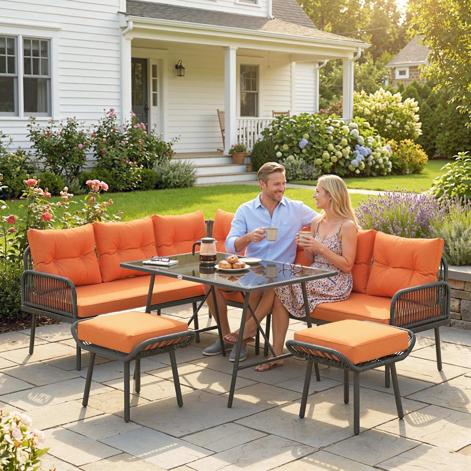 Sectional Outdoor Furniture With Glass Top Table | Orange