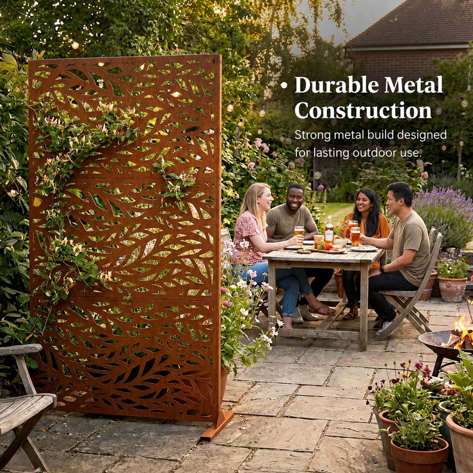 Indoor Outdoor Metal Privacy Screen - Leaf Pattern | Rust