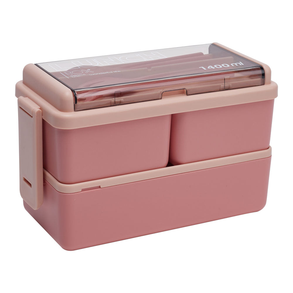 Dual-layer Plastic Bento Lunch Box With Cutlery | Pink