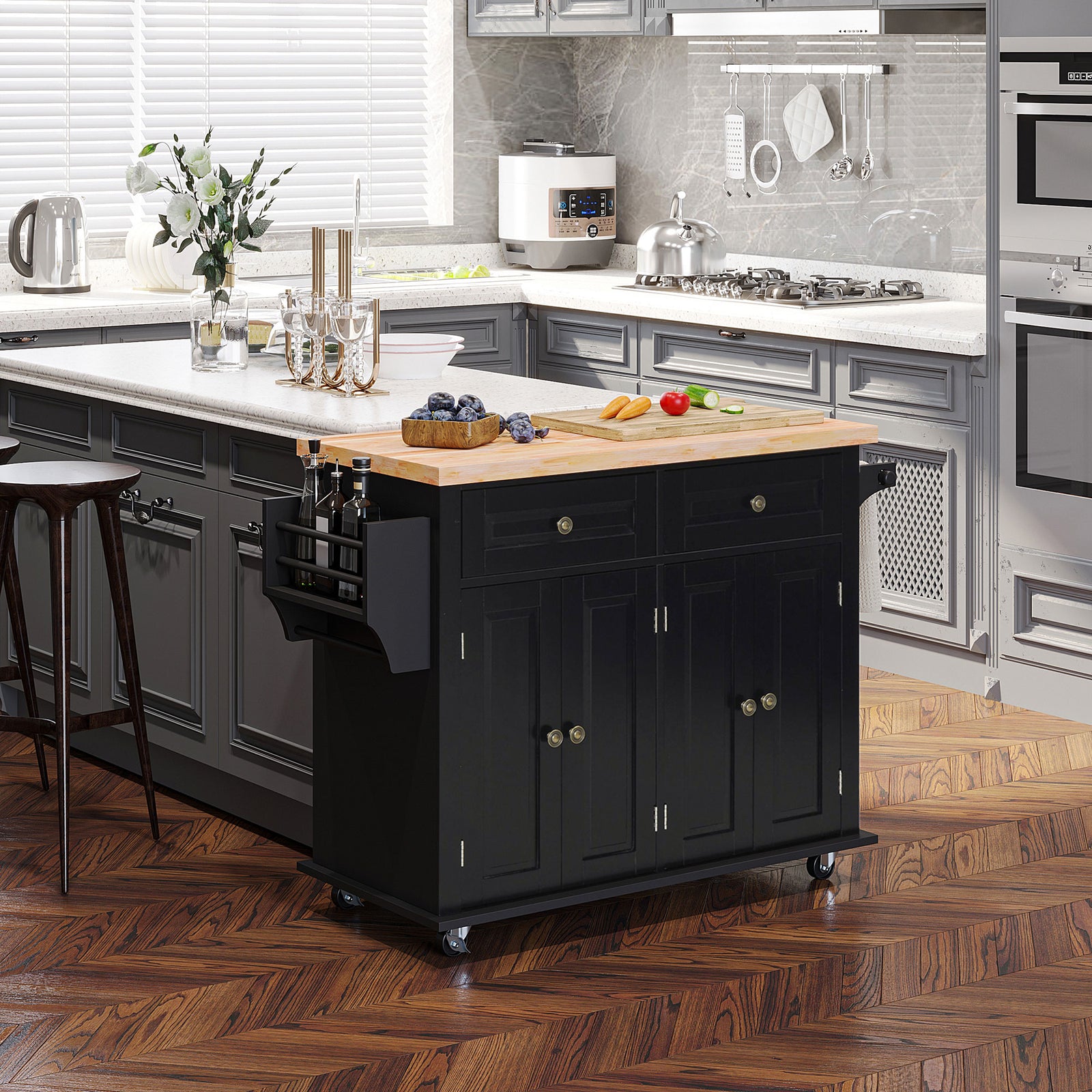 Rolling Kitchen Island Cart With Rubber Wood Top, Spices | Black