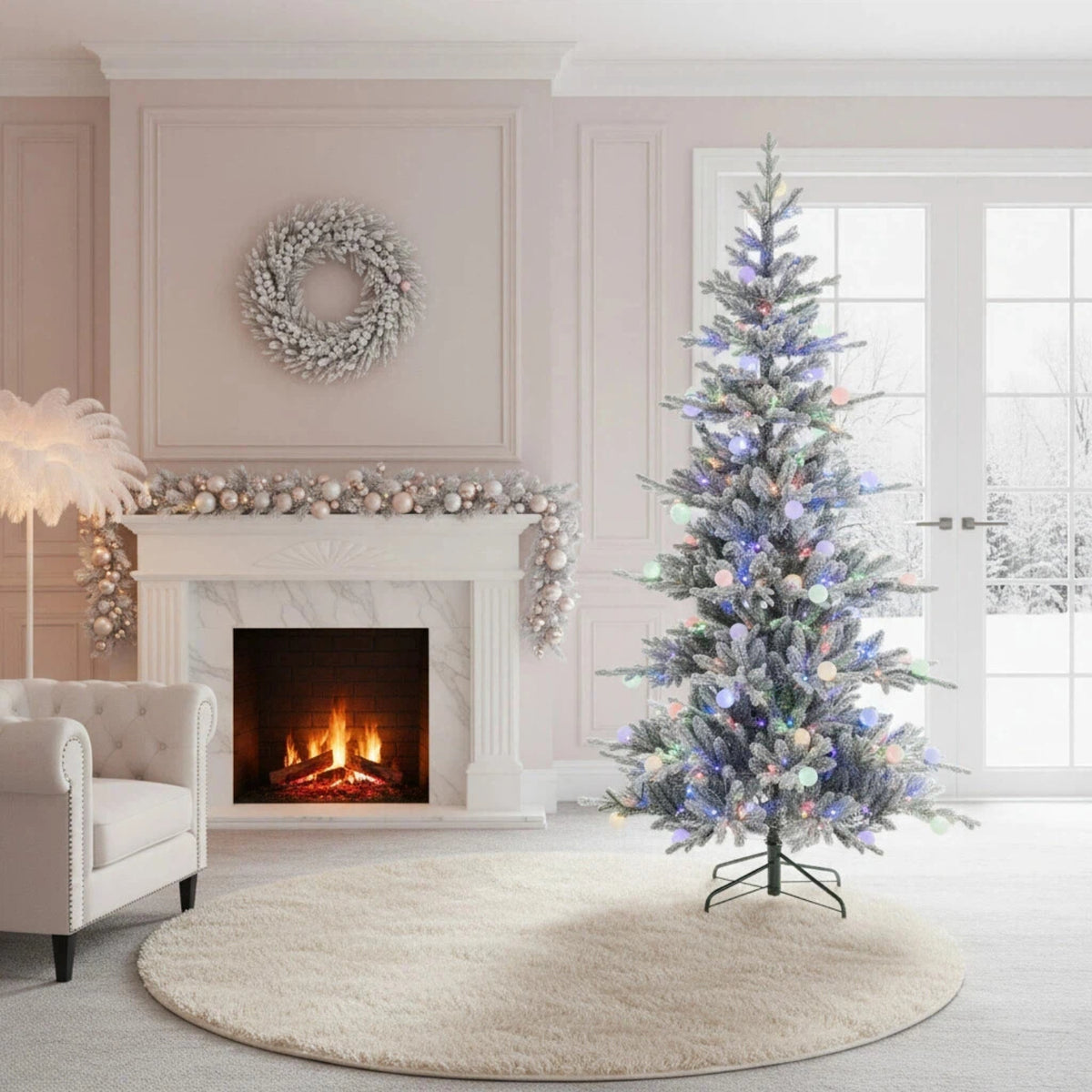 Indoor & Outdoor Living Aurora Winter Glow Flocked White Multi-colour Christmas Tree