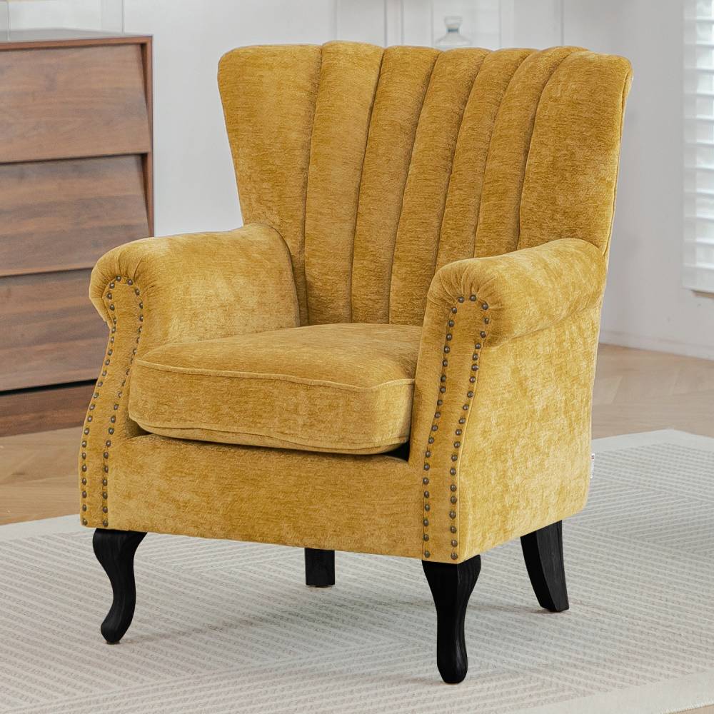 Elegant Chenille Armchair With Rubberwood Legs | Yellow