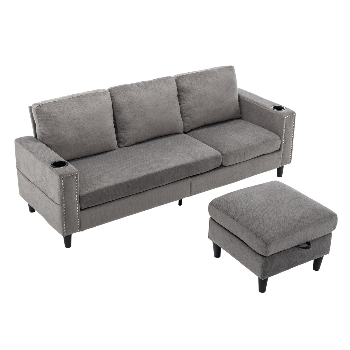 Chenille Upholstered L-shaped 3-seater Sectional Sofa With Ottoman | Grey