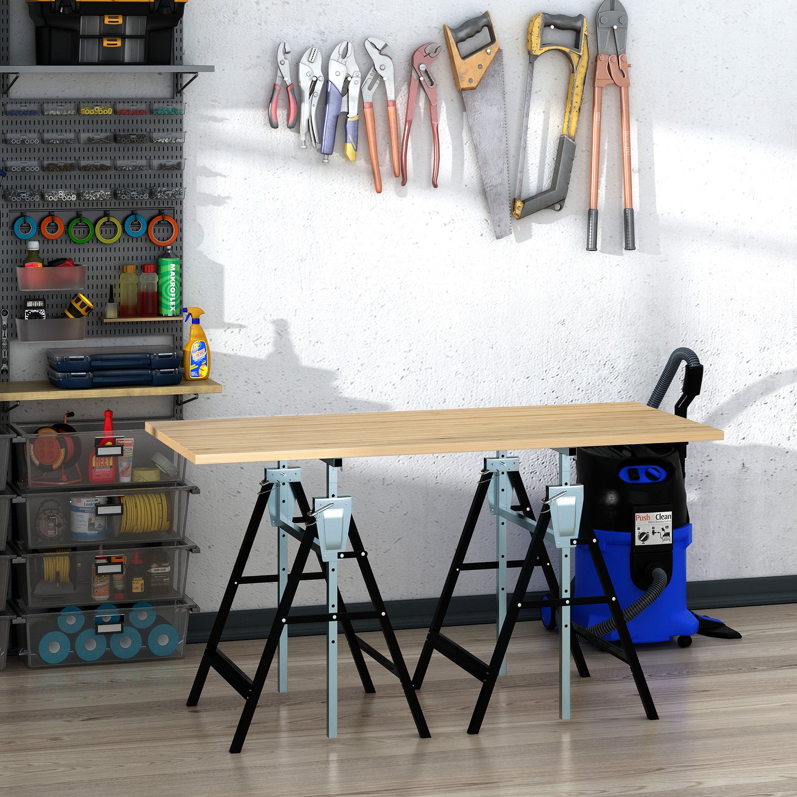 Set Of 2 Steel Saw Horses, Telescopic, Folding | Black