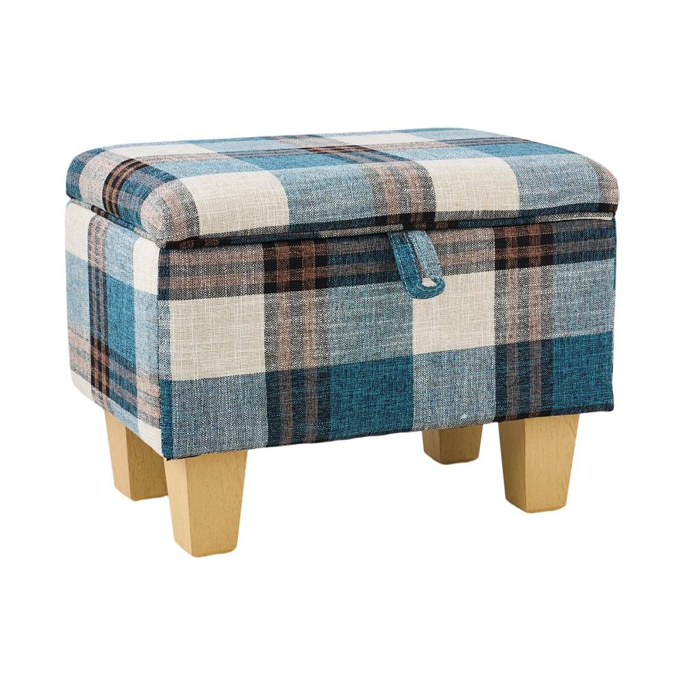 Plaid Linen Upholstered Storage Ottoman Bench With Hidden Storage | Small | Blue