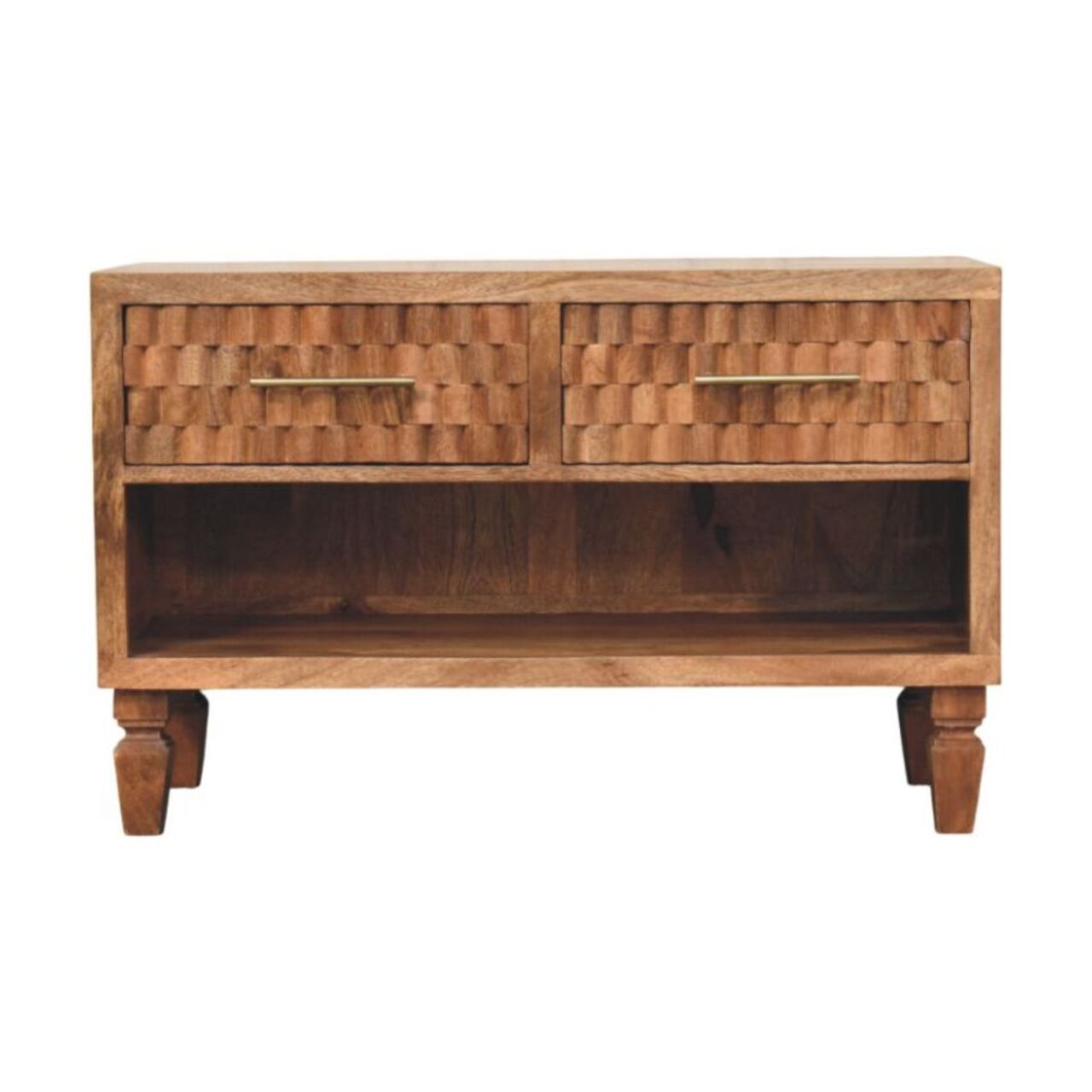 Solid Wood Arno Shoe Storage Unit In Golden Teak, 2 Drawers And Open Shelf, Beige
