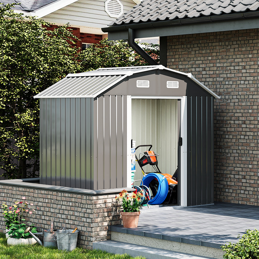 7.72 ft x 4.3 ft Outdoor Metal Storage Shed with Double Lockable Doors and Vents - Waterproof Garden Tool Organizer with Foundation and Shelving