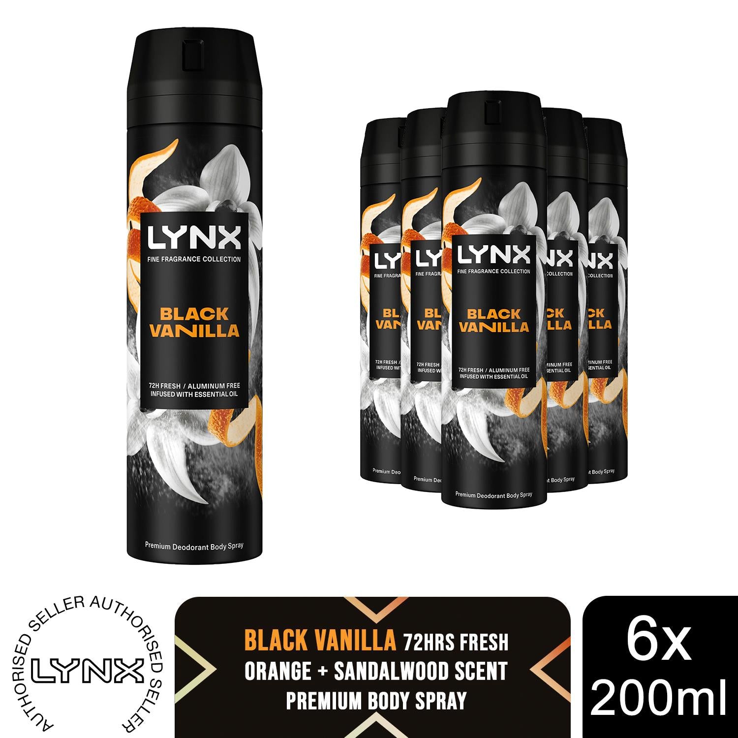 Fine Fragrance Collection Black Vanilla Body Spray Deodorant 200ml, 6 Pack