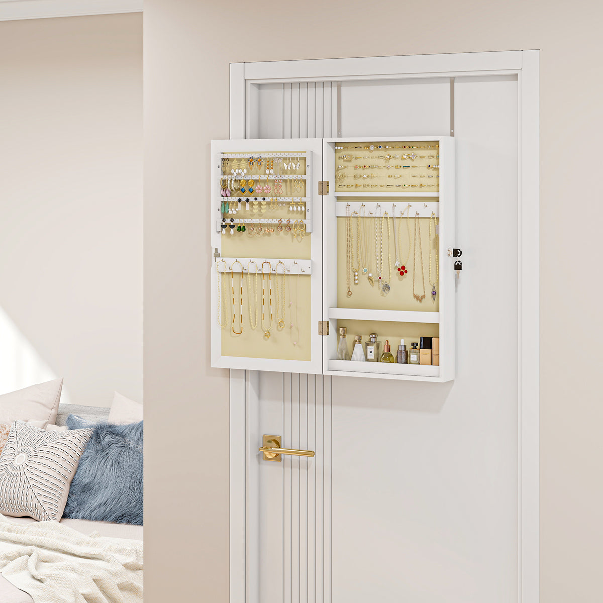 HOMCOM Jewelry Cabinet, Wall-mounted Storage Cabinet With Mirror