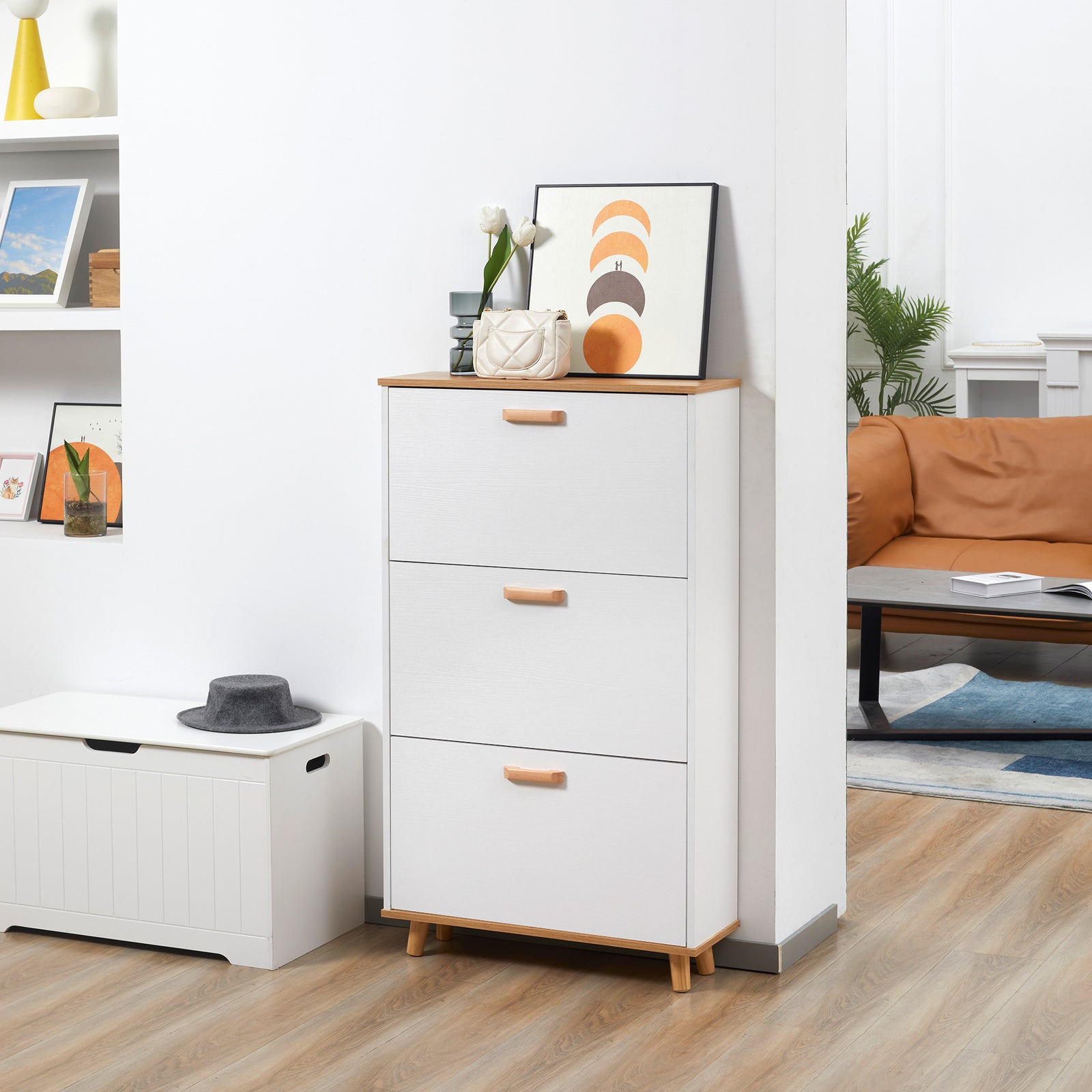 12 Pair Slim Shoe Storage Cabinet W/ 3 Flip Drawers | One Size | White