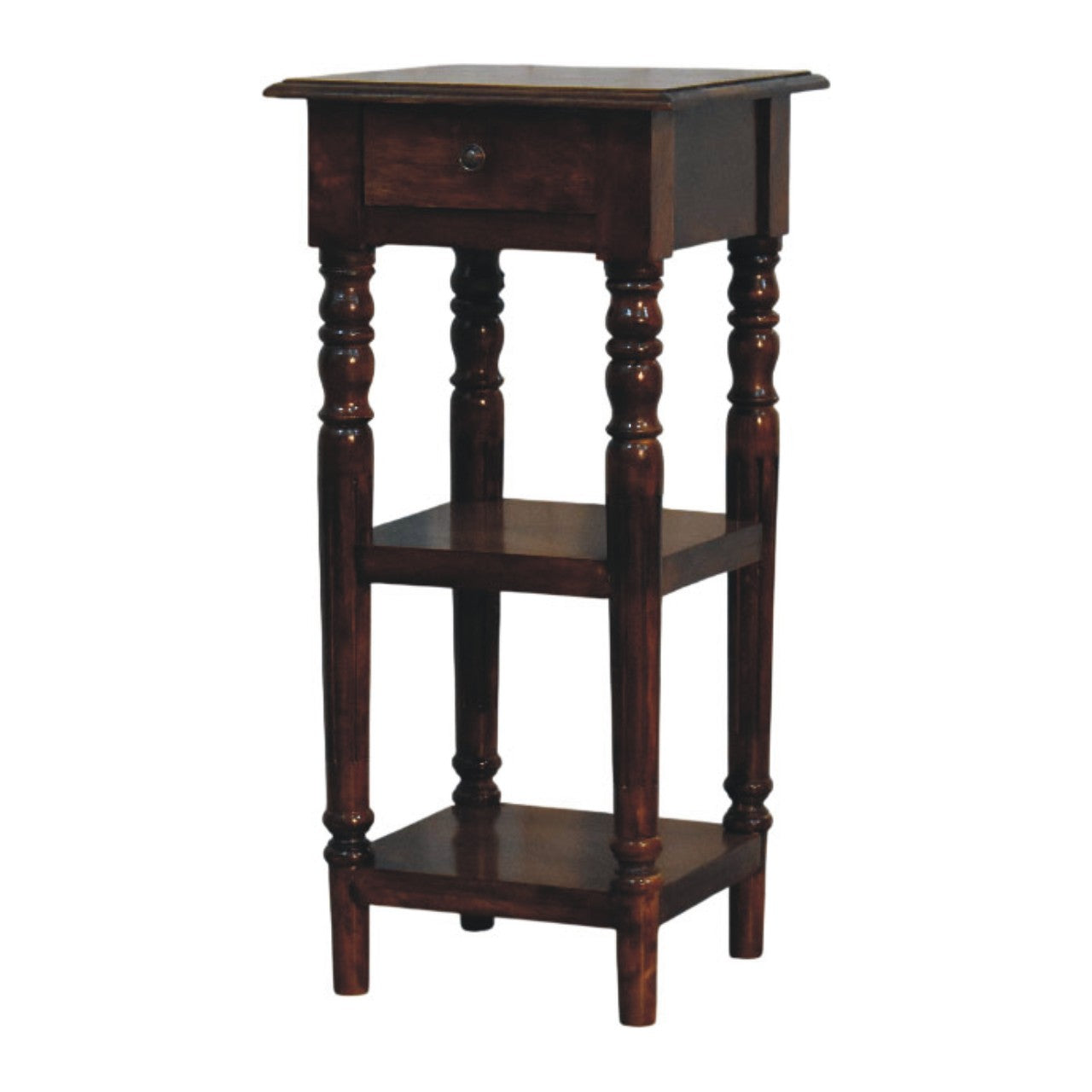 Tall Turned Leg Side Table, 1 Drawer, 2 Open Shelves, Dark Brown | 3 | Brown