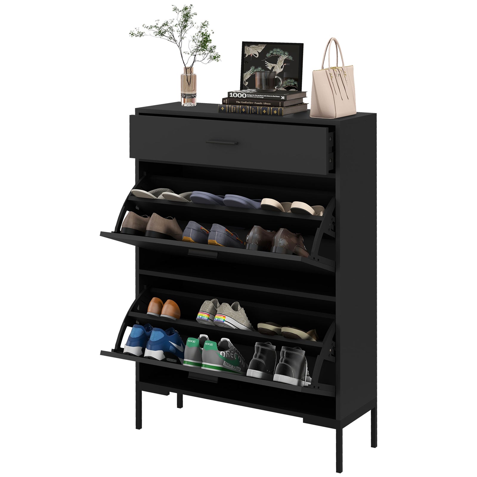 Shoe Storage Cupboard With 2 Flip Doors Sliding Out Drawer | One Size | Black