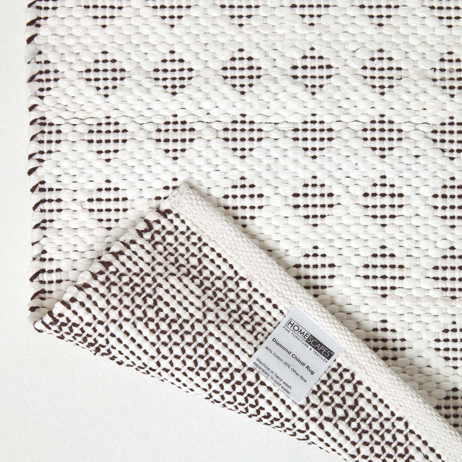 White Geometric Black Diamond Chindi Rug | 150cm x 95cm | White