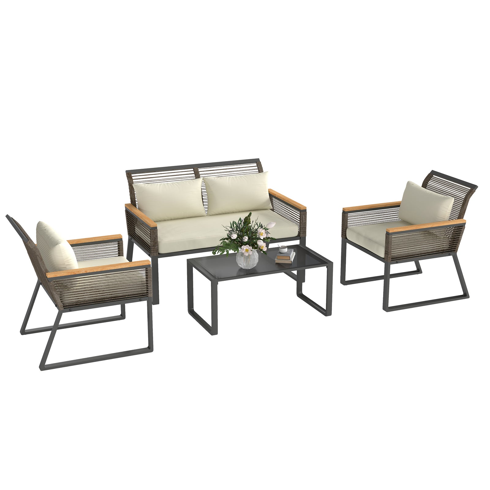 4 Seater Round Wicker Rope Garden Furniture Set W/ Cushions