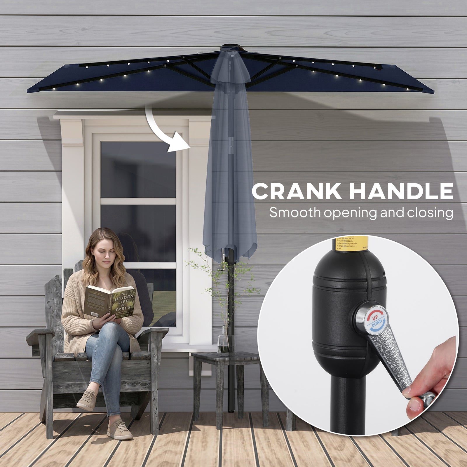 2.6 M Half Parasol With Solar Lights, Upf50+ Semi Round Umbrella | Dark Blue
