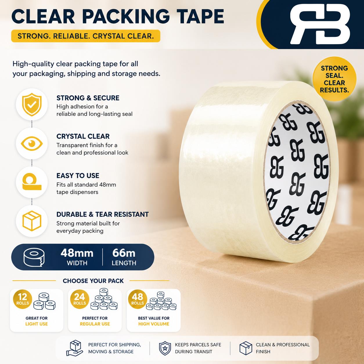 Aquarius Clear Packing Tape 48mm X 66m Strong Parcel Box Tape