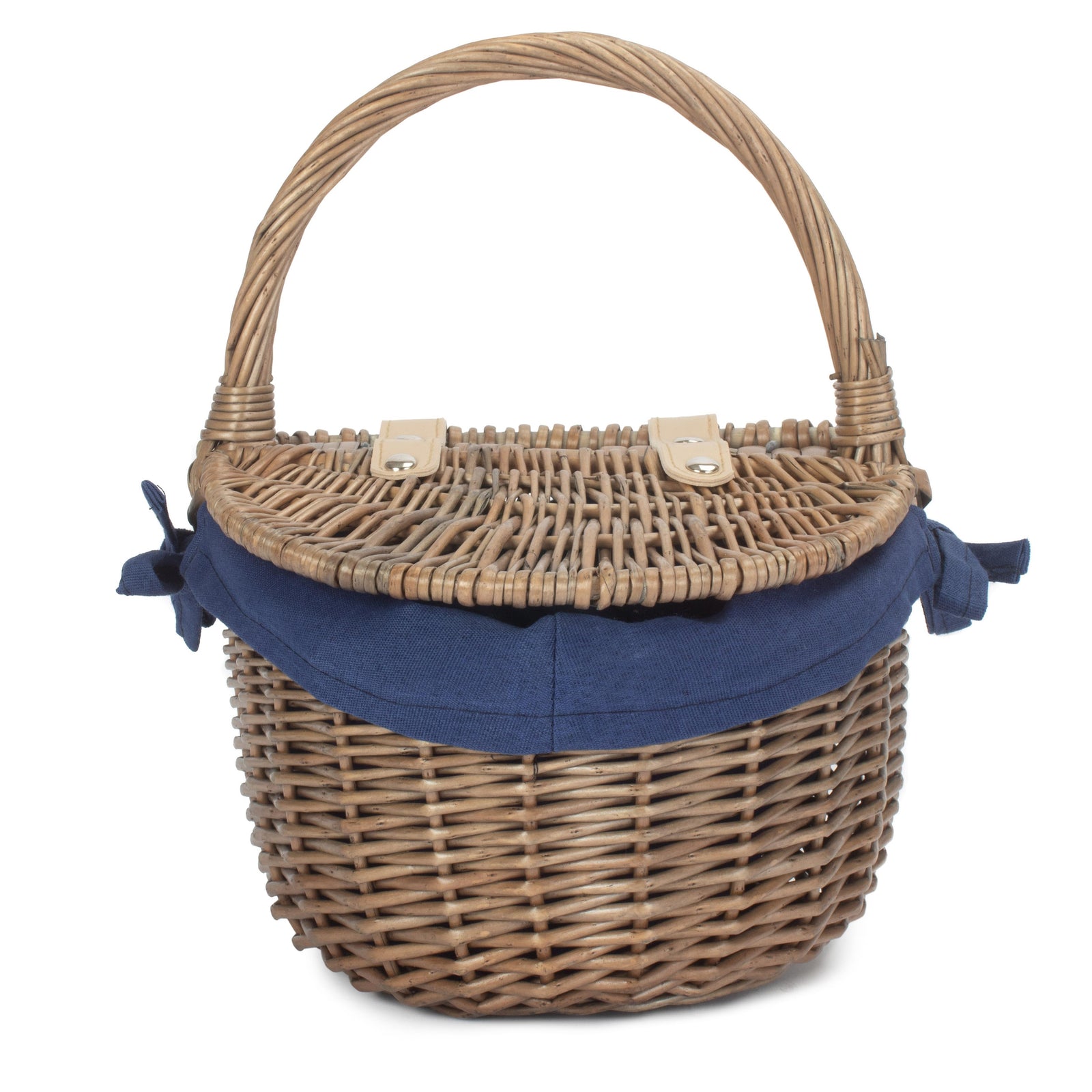 Wicker Small Antique Wash Double Lidded Oval Picnic Basket | NavyBlue
