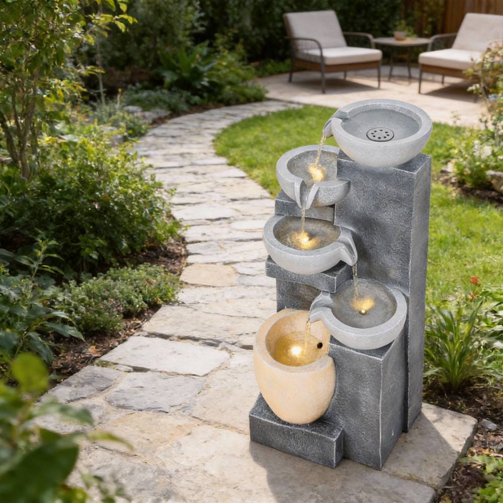 Solar-powered Outdoor Water Fountain With Led Lights – Modern Ceramic-style Multi-tier Garden Cascade
