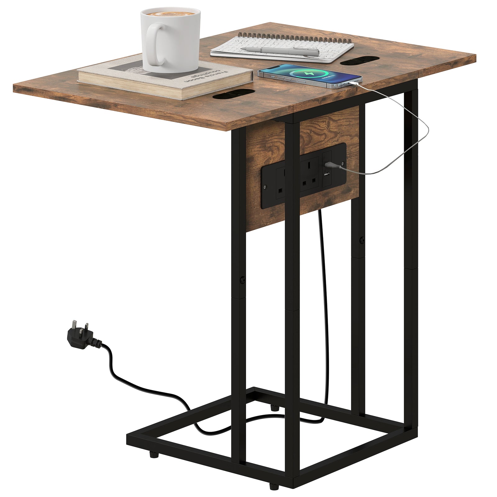 HOMCOM C Shaped Side Table With Charging Station And Foldable Top