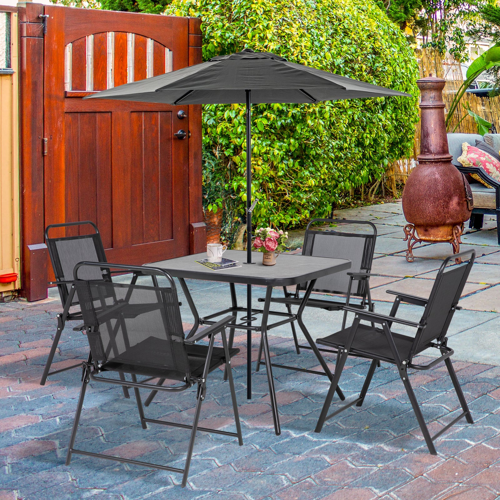 5-piece Garden Dining Set, 4 Foldable Armchairs, Black