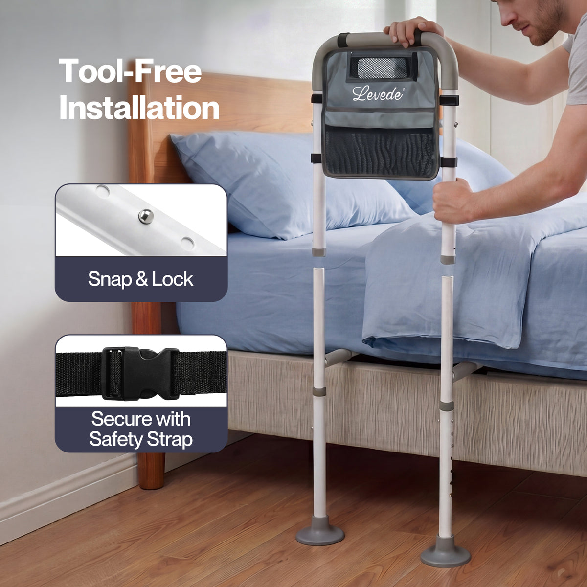 Adjustable Bed Rail With Led Sensor Light Storage Pocket Bed Handle Guard