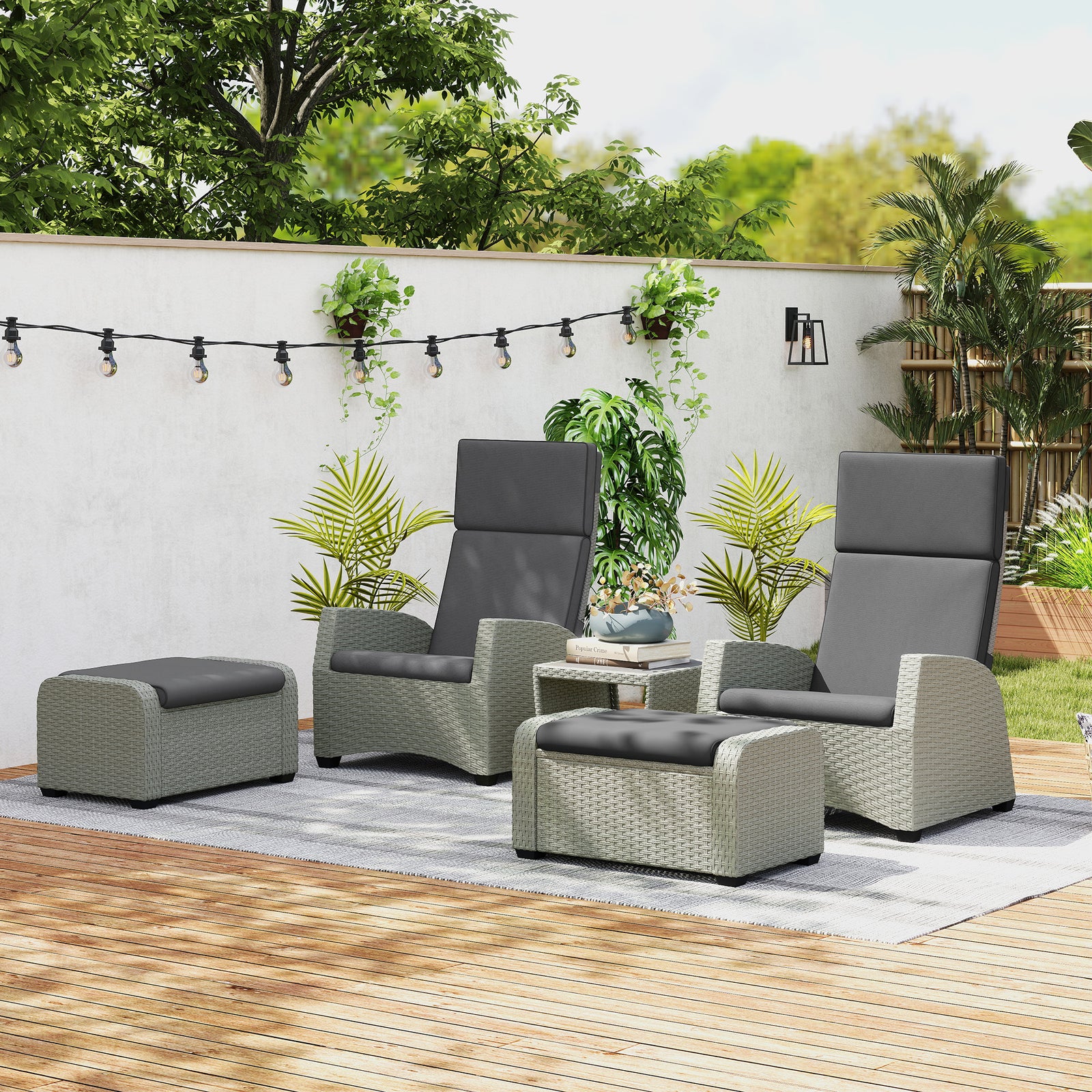 5 Pieces Pe Rattan Set, Reclining Chairs | Charcoal Grey