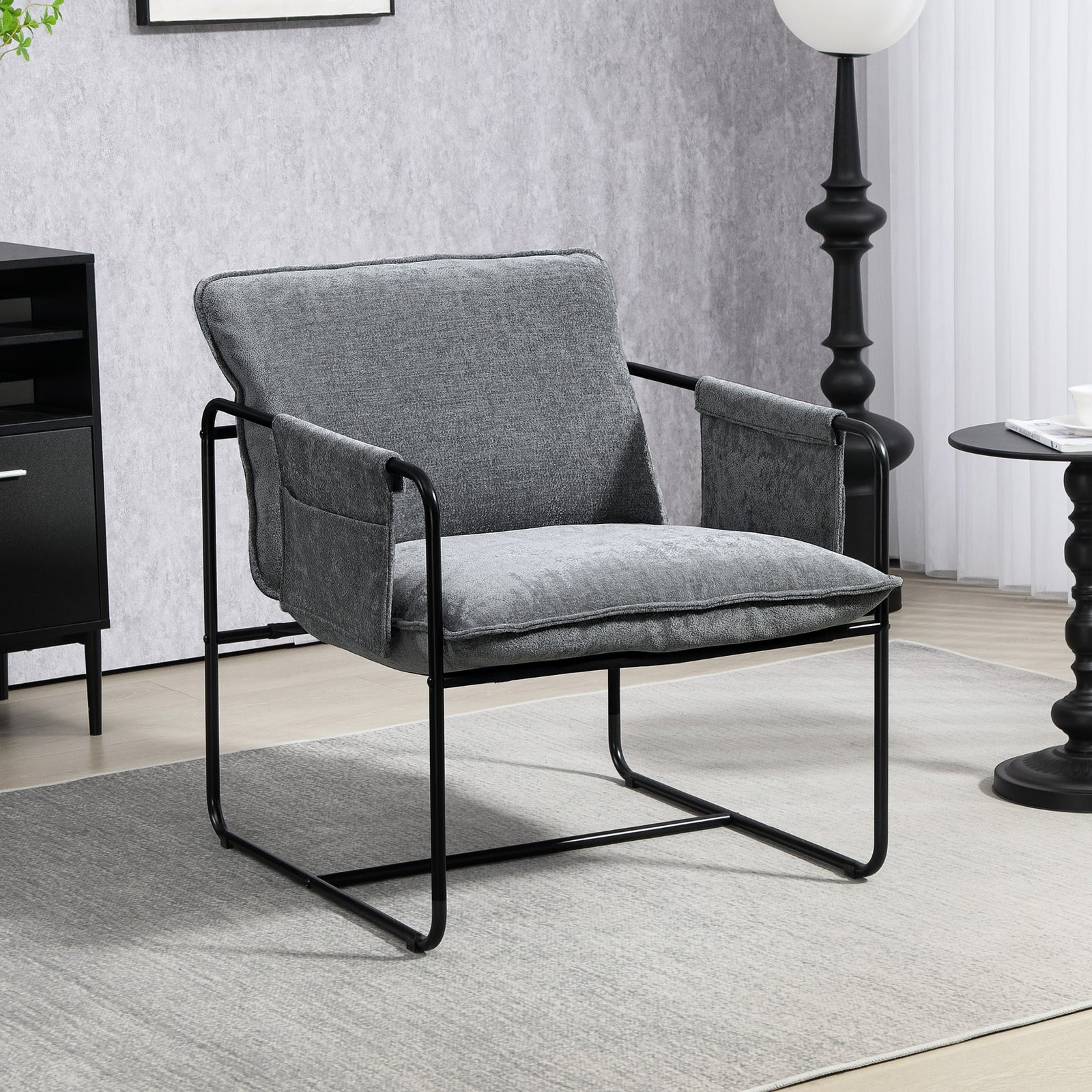 Upholstered Reading Chair With Side Pockets And Steel Frame | One Size | Gray