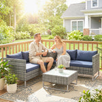 Rattan Garden Furniture Set With Storage Table, Cushions | Dark Blue