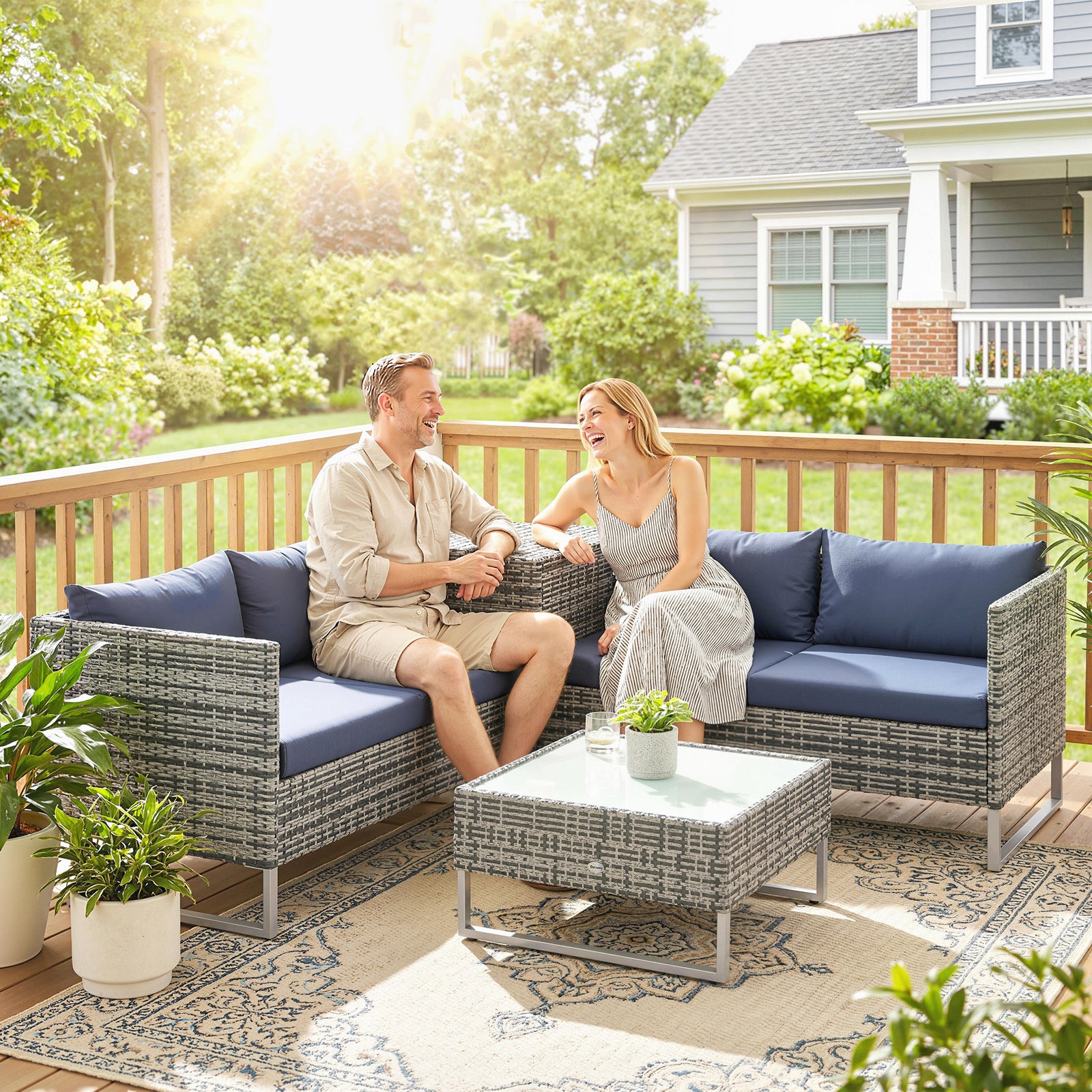 Rattan Garden Furniture Set With Storage Table, Cushions | Dark Blue