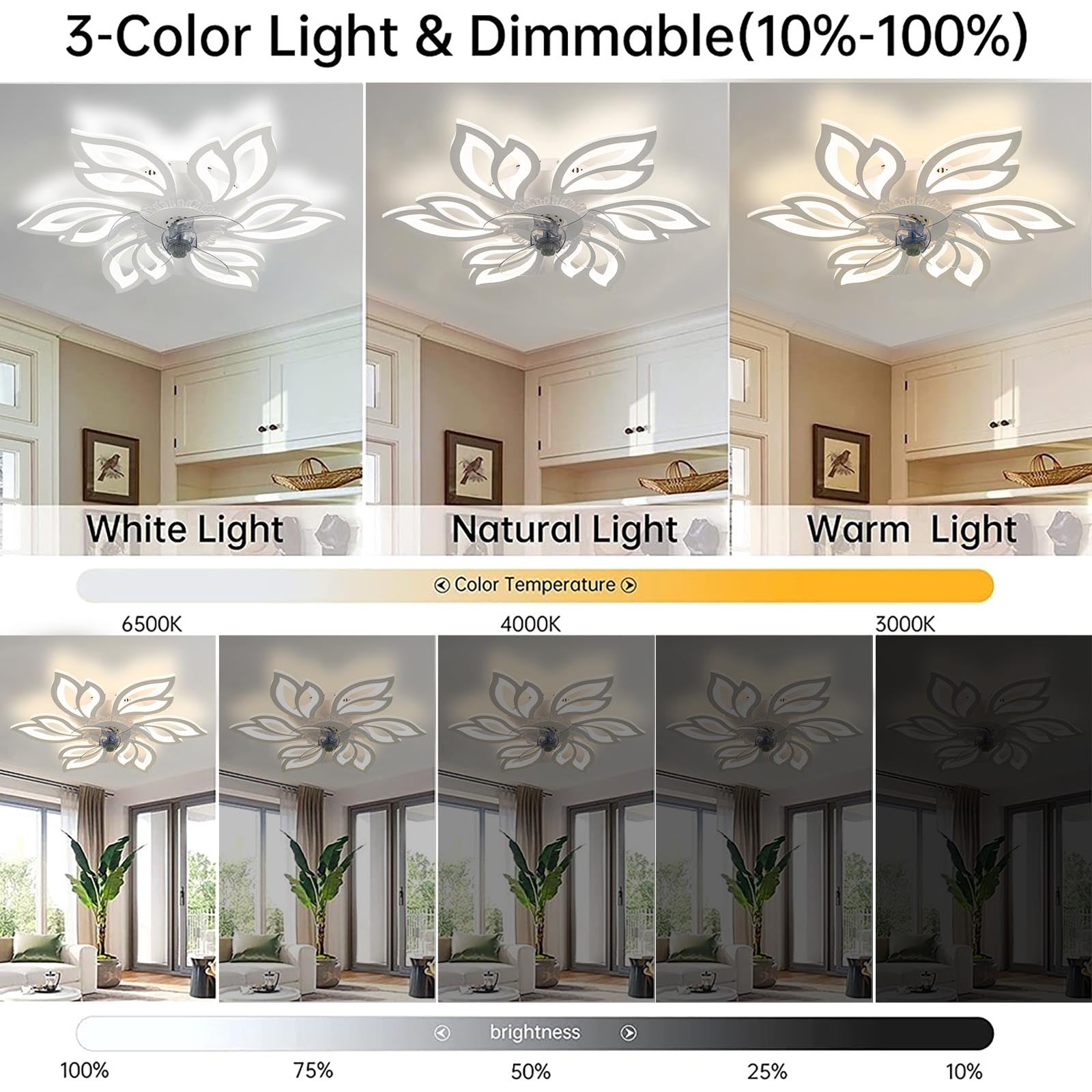 Pointed Petal Ceiling Fan Light 65cm Led With 3-color Dimming, Reversible Silent Dc Motor, 6-speed, Sleep Timer, 2.4g App & Remote Control | White
