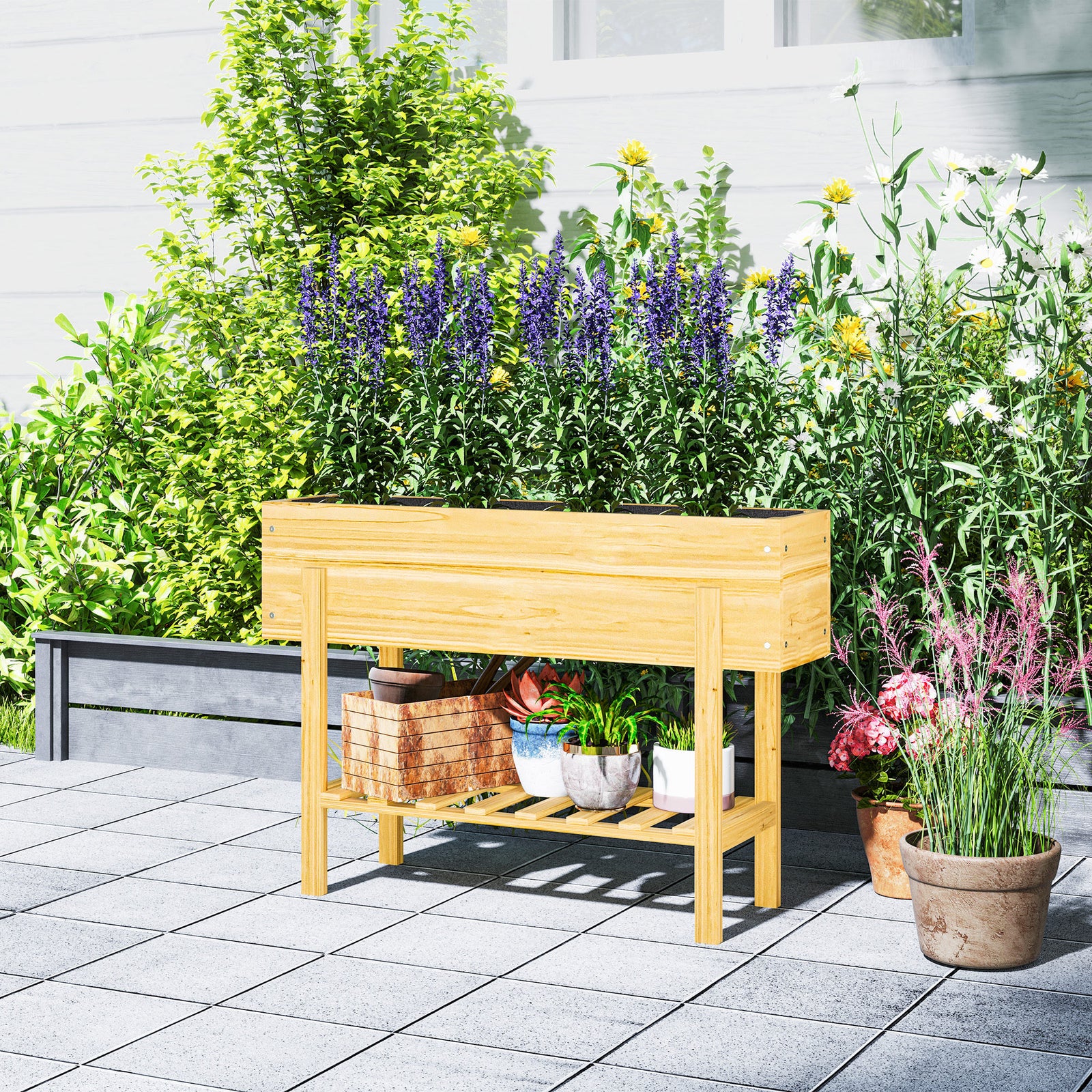 Wooden Raised Bed W/ Bed Liner, Storage Shelf | Natural
