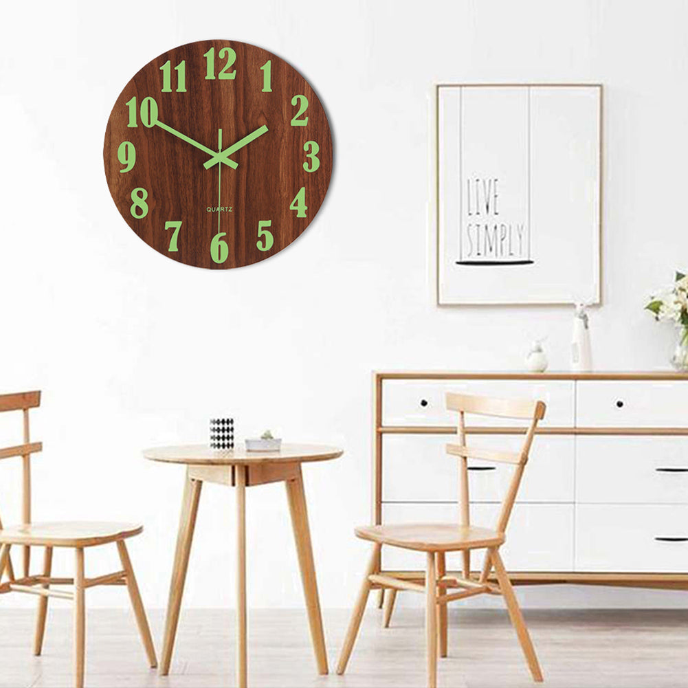 Wooden Luminous Quartz Non-ticking Wall Clock Battery Operated