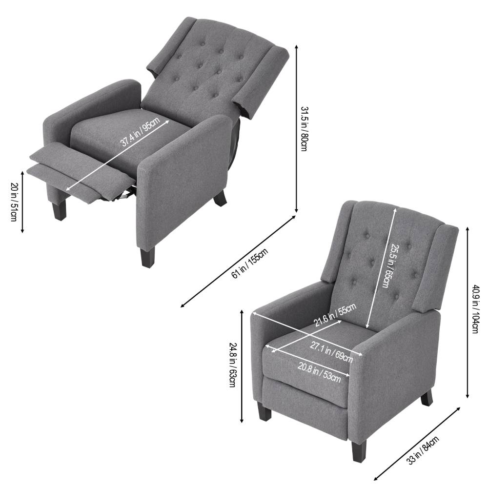Living and Home Single Upholstered Sofa Pushback Recliner Chair Armchair