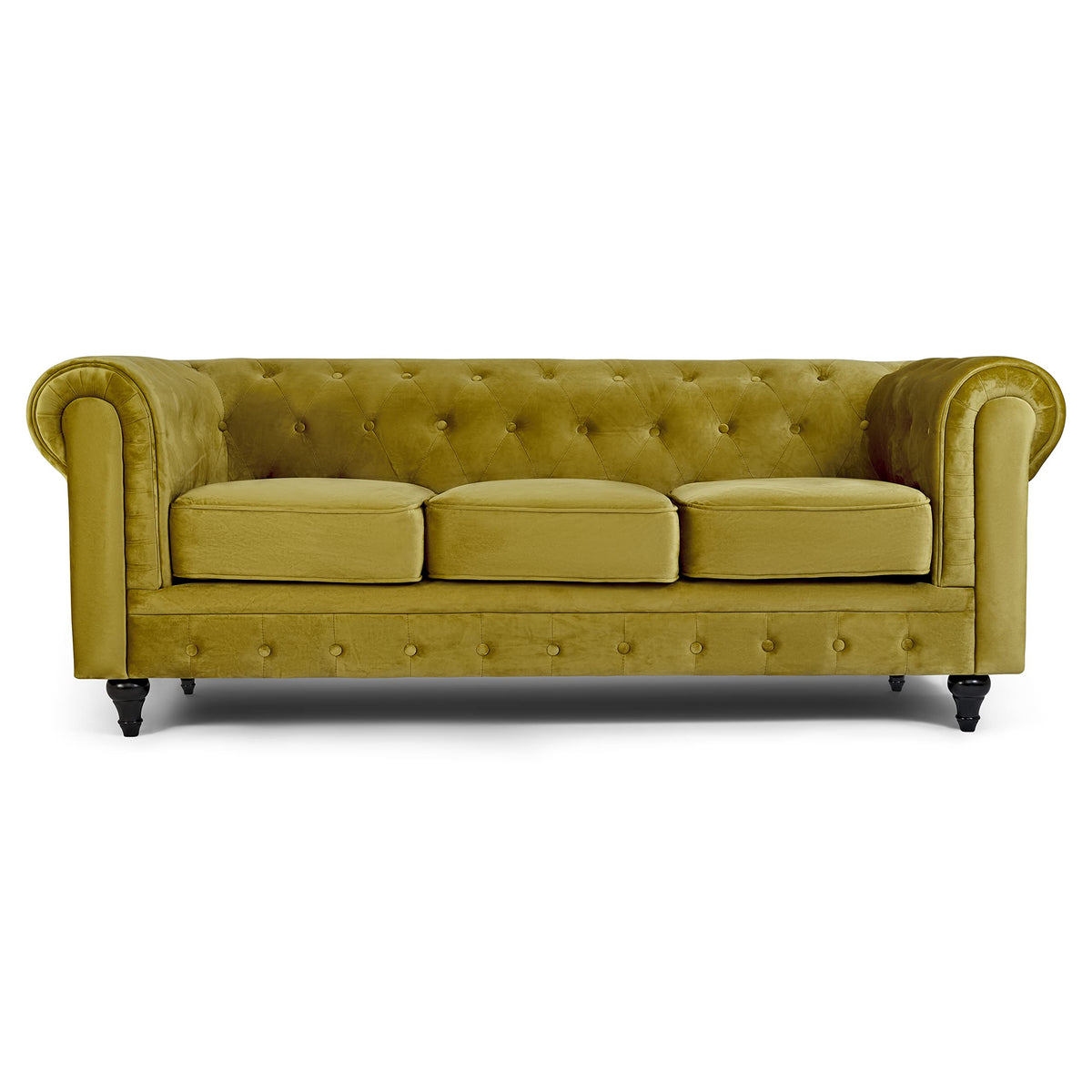 Chesterfield Scroll Arm Velvet Sofa 3 Seater | Olive