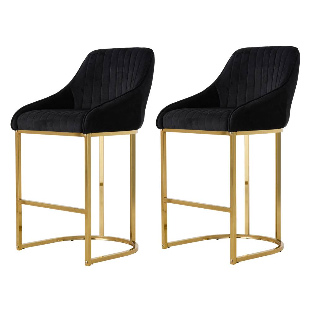 Modern Velvet Upholstered Bar Stools With Metal Legs, Set Of 2 – Contemporary Design, Comfortable Padded Seat, And Anti-slip Base | Black
