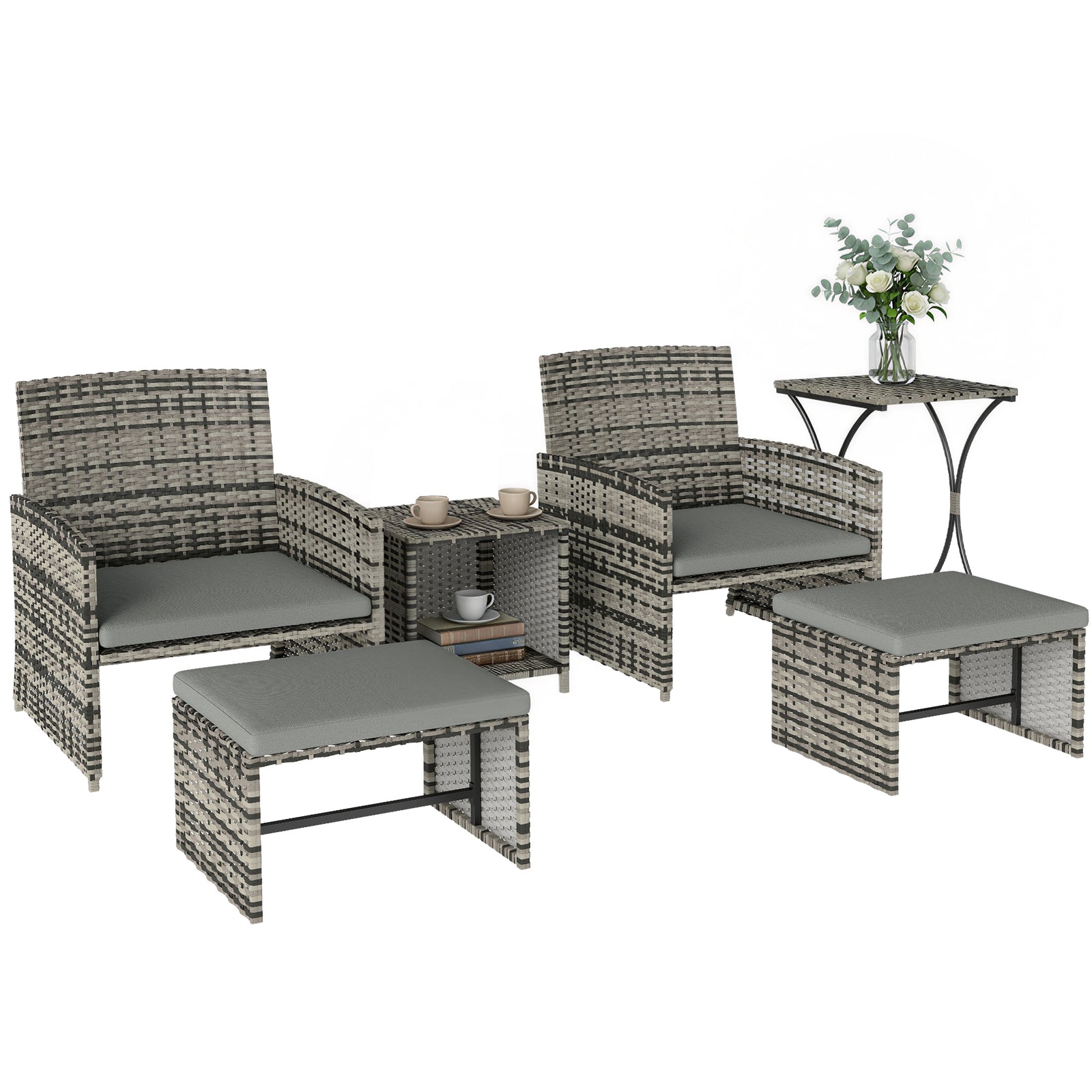 6 Piece Rattan Garden Furniture Set With Nesting Tables | Grey