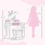 Kids Dressing Table With Mirror And Stool, Unicorn Design, For Ages 3-6 Years | White