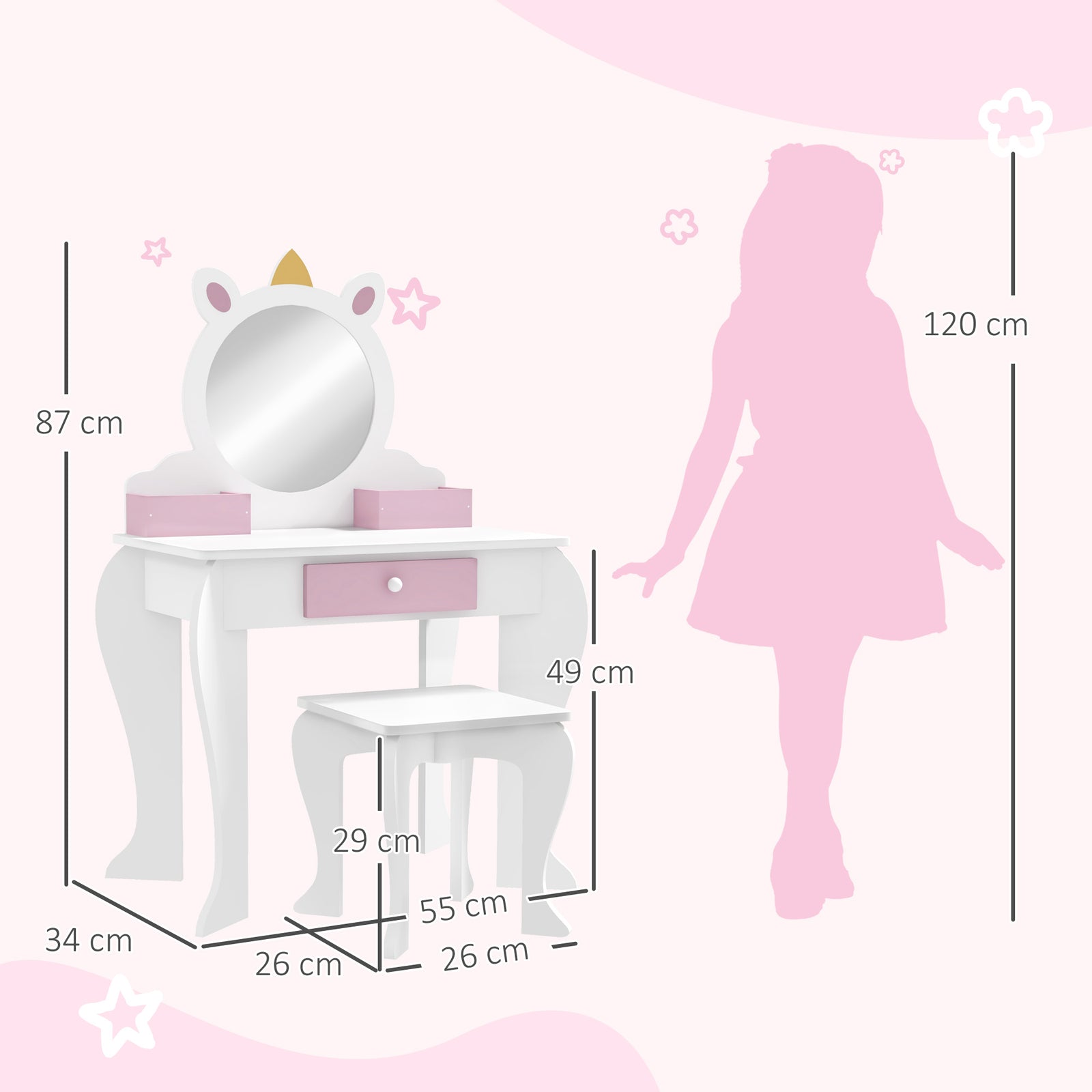 Kids Dressing Table With Mirror And Stool, Unicorn Design, For Ages 3-6 Years | White