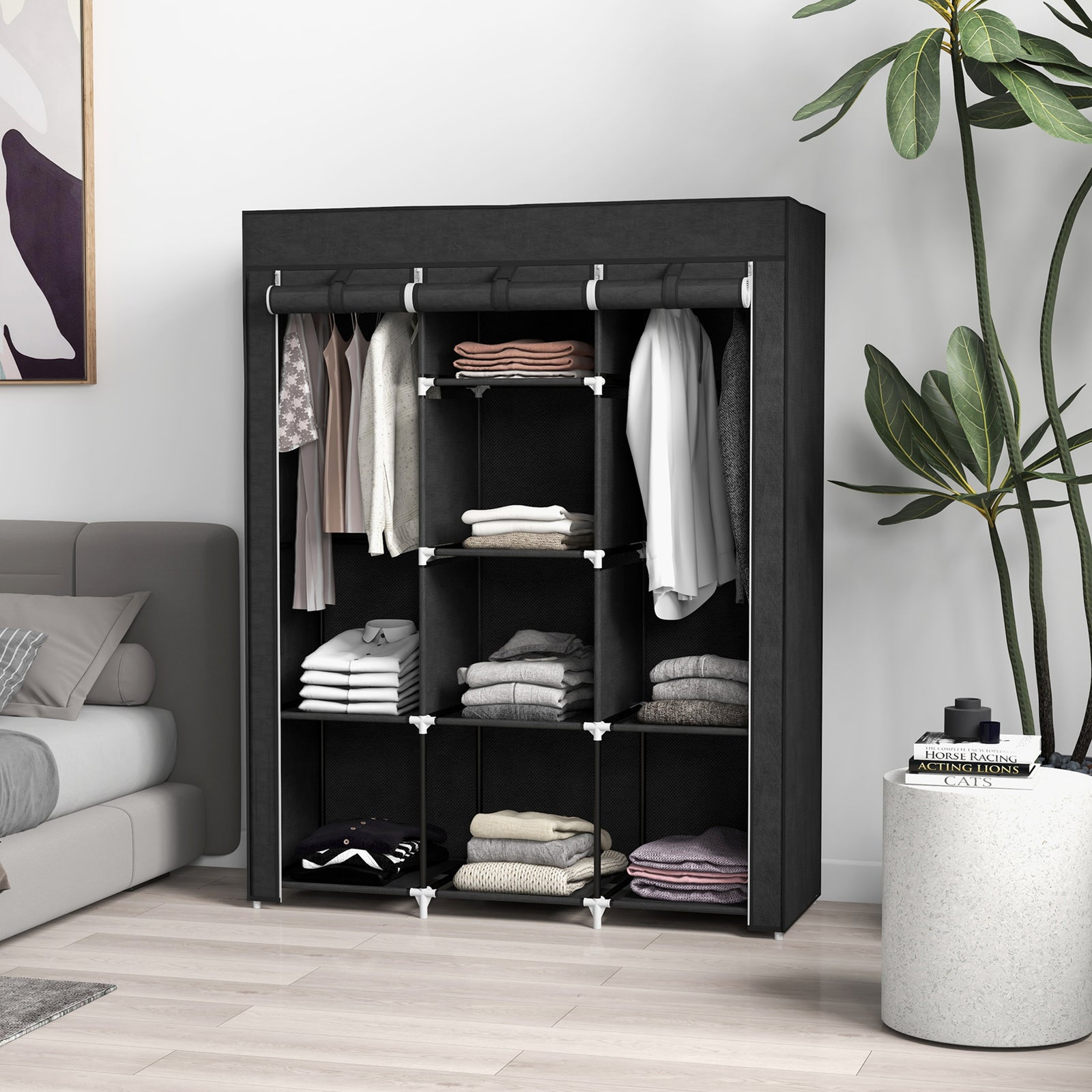 Fabric Portable Wardrobe With 8 Shelves 2 Hanging Rails | Black