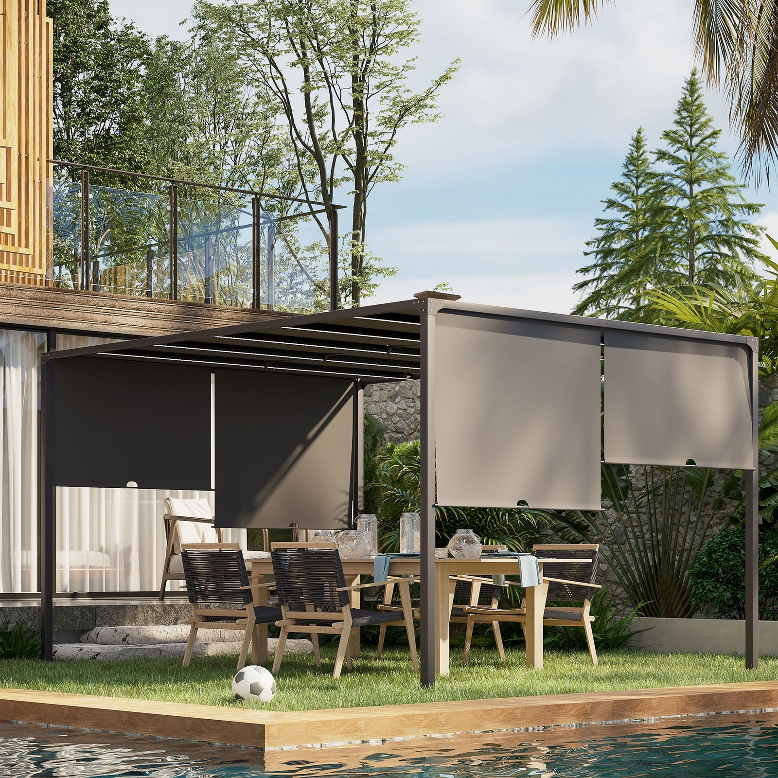 3m X 4m Utdoor Garden Pergola With Led Lights Roof