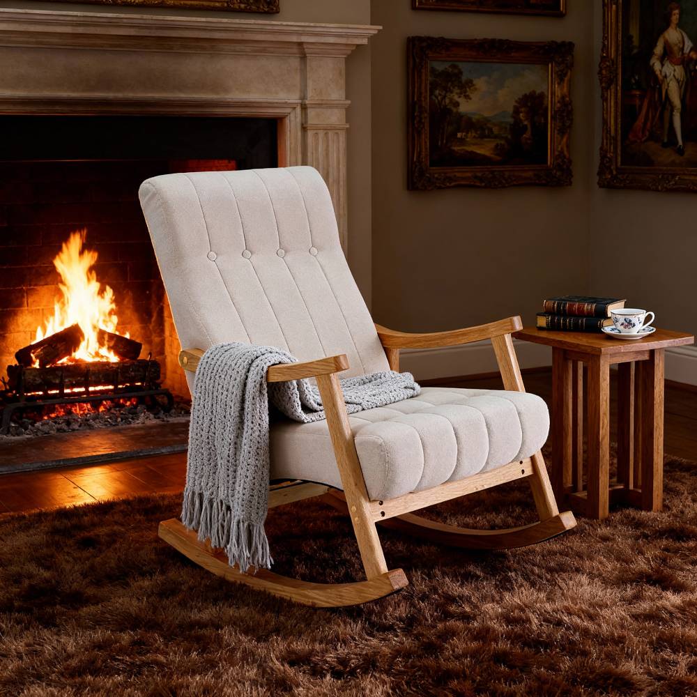 Minimalist Solid Wood Rocking Chair With Tufted Backrest – Ergonomic Design For Comfort And Relaxation | Beige
