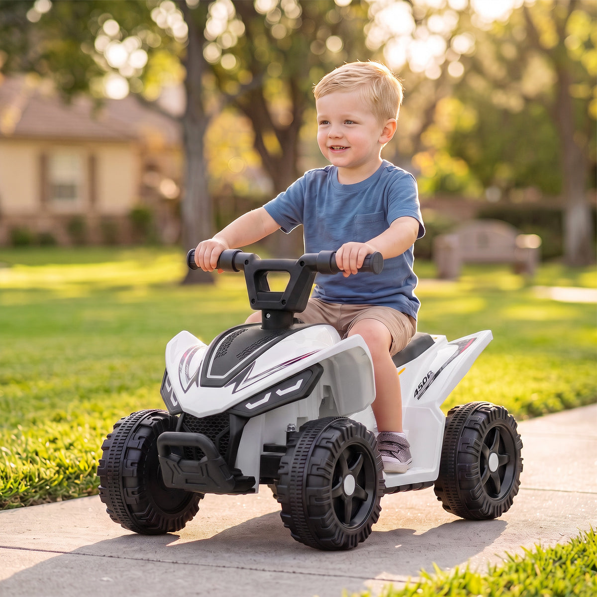 6v Electric Car, Kids Atv With Handlebar Button Control | White