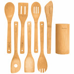 BlauKe Wooden Kitchen Utensils Set Of 8 - Non-stick Bamboo Cooking Utensils - Wooden Spatulas, Wooden Spoons, Tong, Utensil Holder