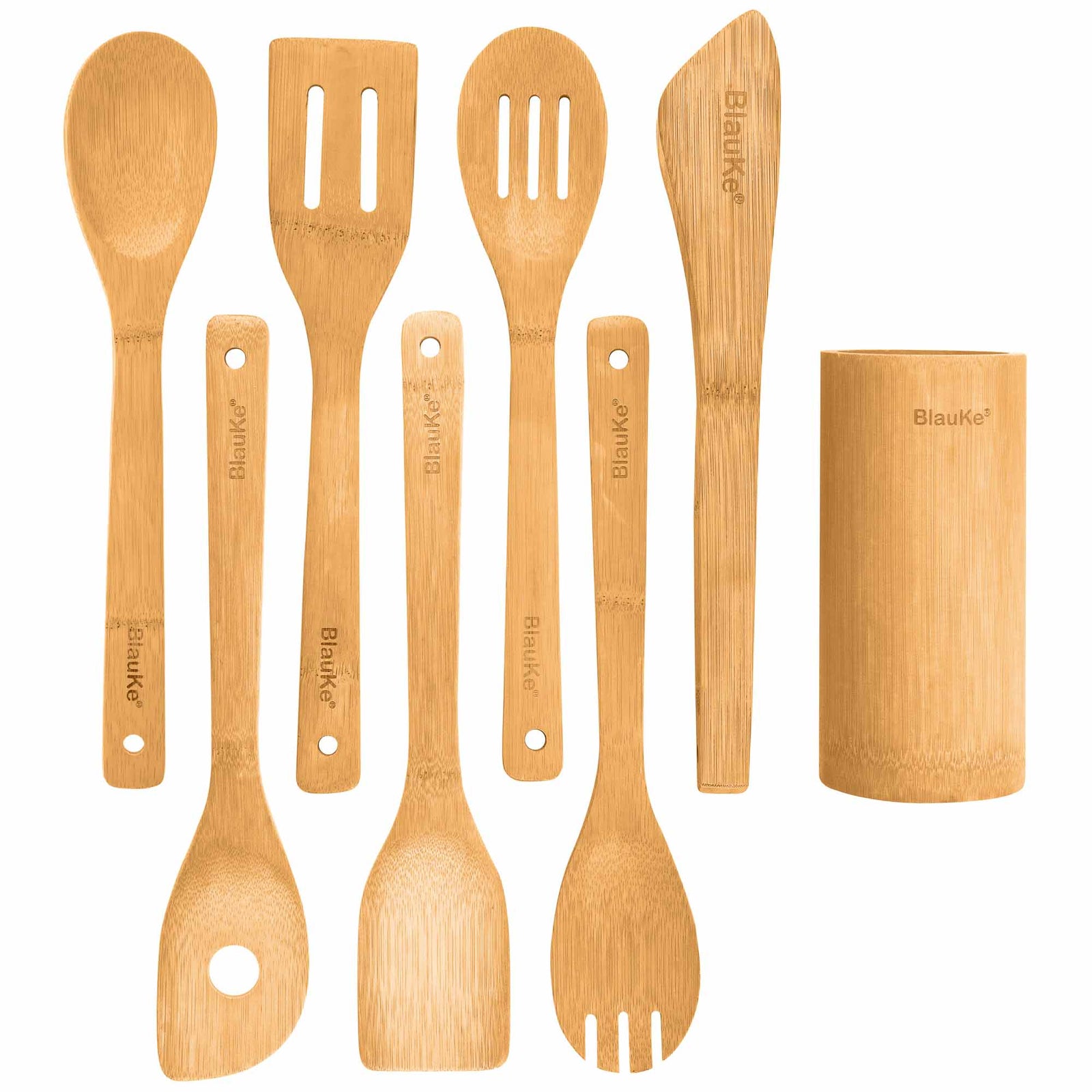 BlauKe Wooden Kitchen Utensils Set Of 8 - Non-stick Bamboo Cooking Utensils - Wooden Spatulas, Wooden Spoons, Tong, Utensil Holder