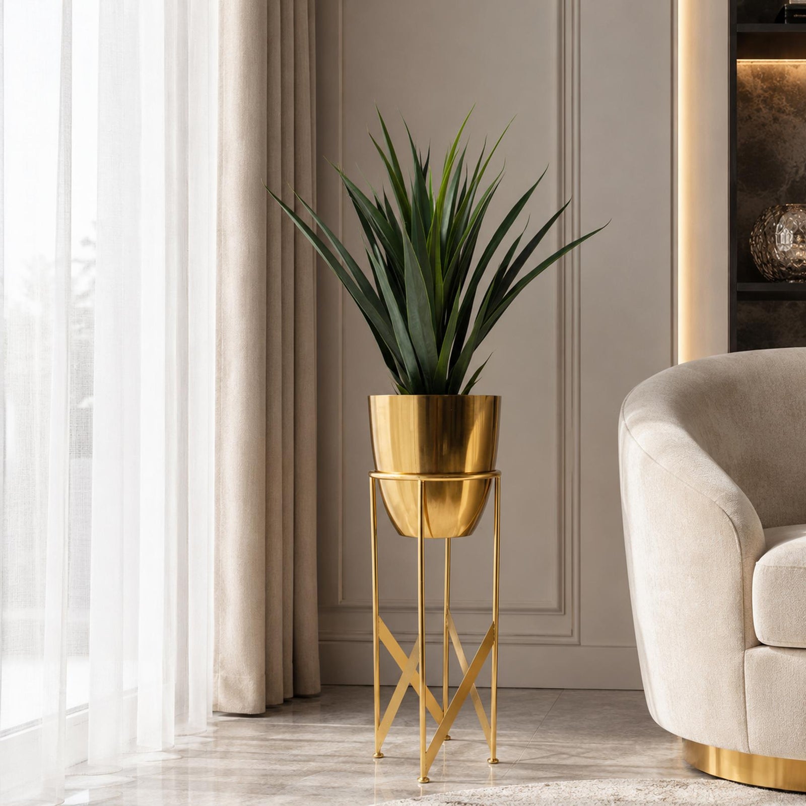 Artificial Yukka Plant Metal Planter Stand 90cm Tall Realistic Premium Botanik | Gold