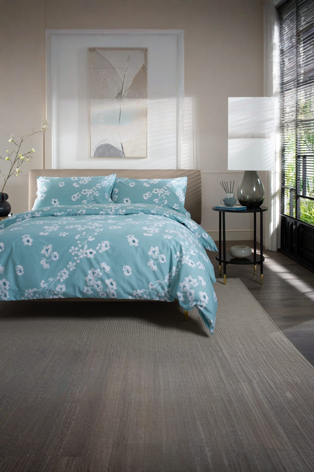 Petite Fleure 100% Cotton Duvet Cover Set – Floral Blossom Print Bedding With Piped Edges | Super King | Duck Egg